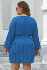 Plus Size Ribbed Tie Front Long Sleeve Sweater Dress OutfitFlow